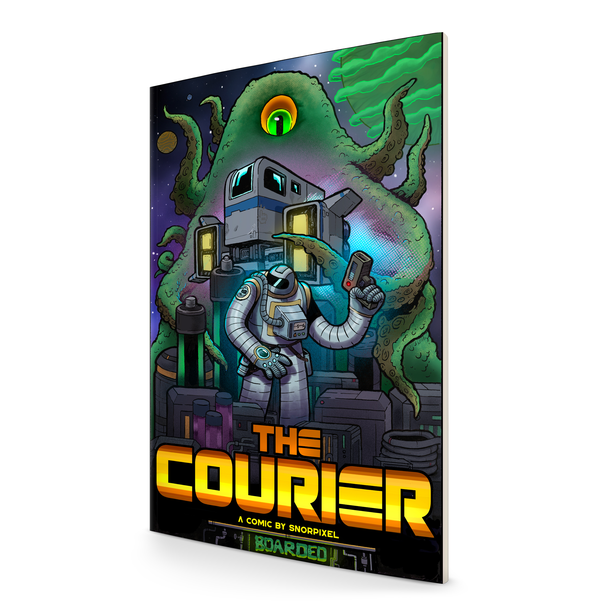 Cover of The Courier, a comic by Snorpixel, with an astronaut and a giant one-eyed tentacled creature