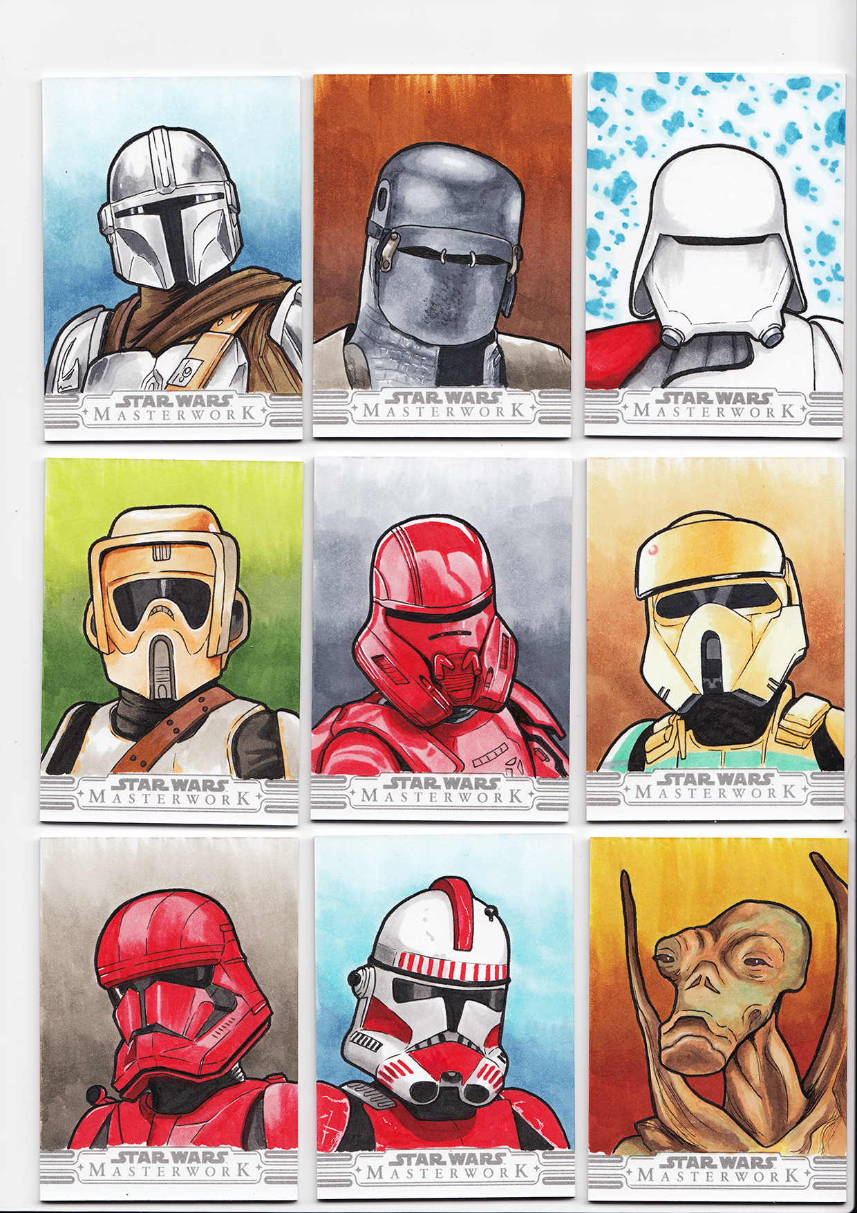Nine hand-painted Star Wars Masterwork sketch cards of helmeted characters