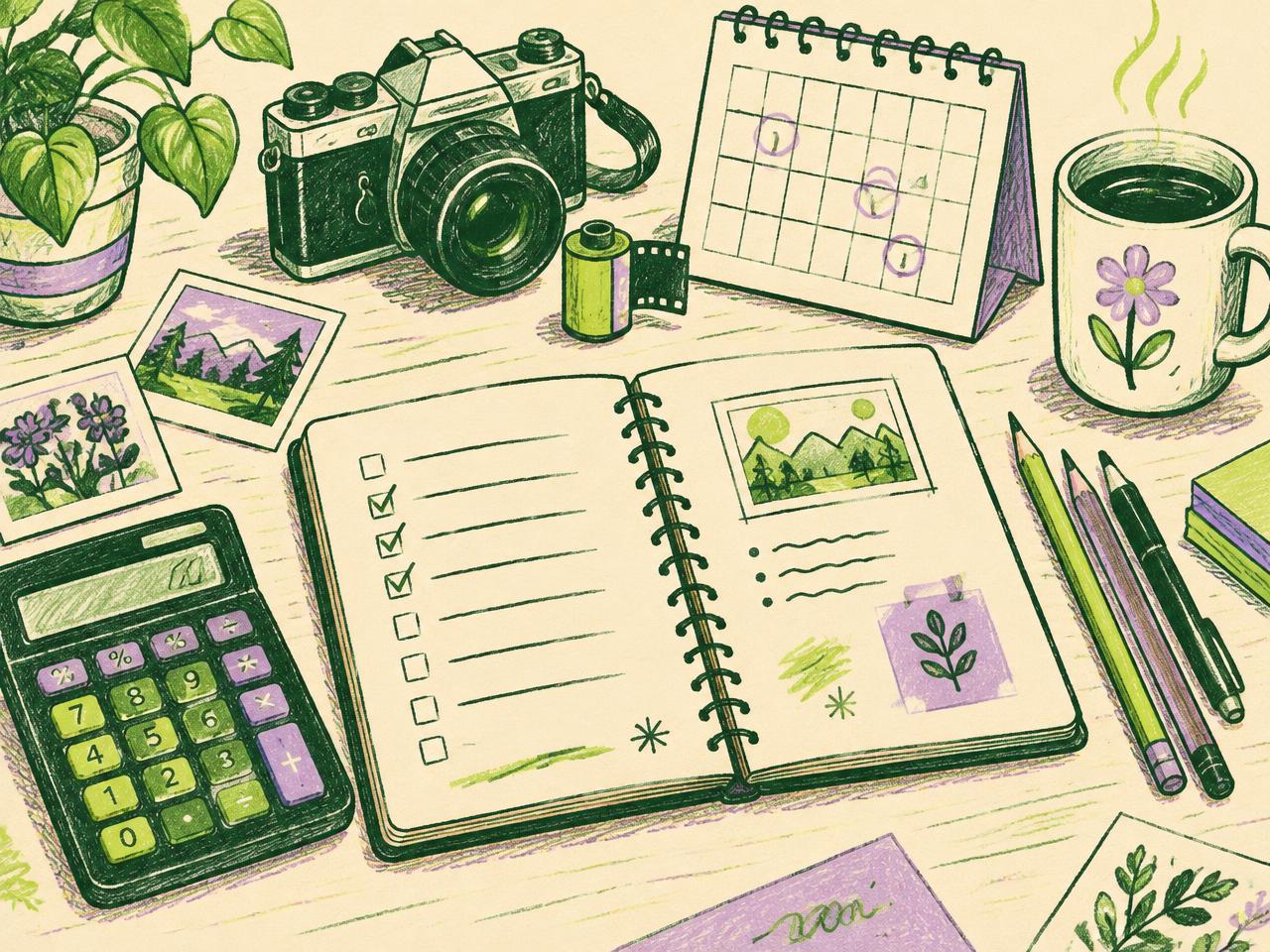 Hand-drawn creative desk with a checklist notebook, calculator, calendar and camera