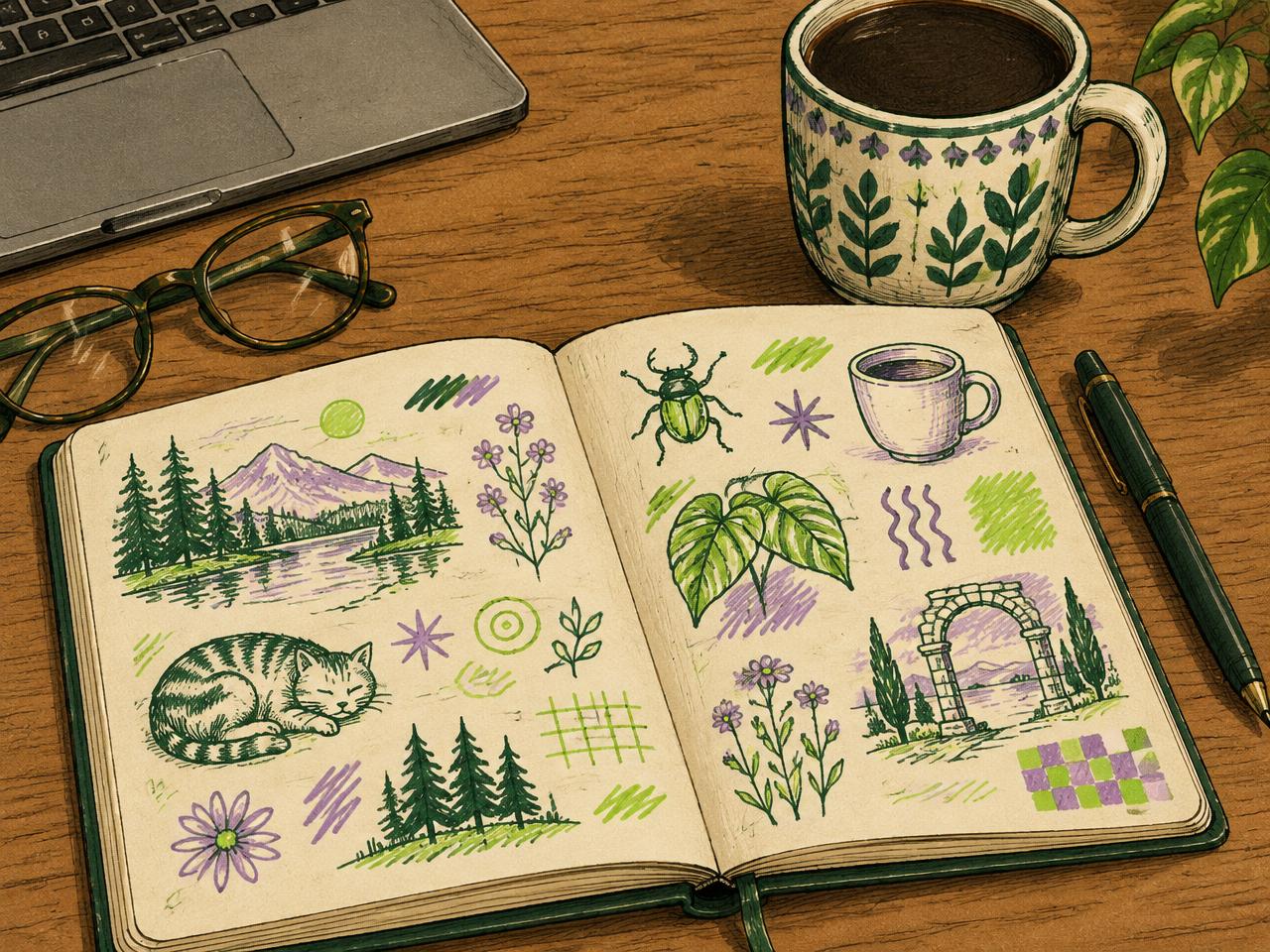 Illustrated open sketchbook full of doodles beside a full coffee mug, glasses and a pen